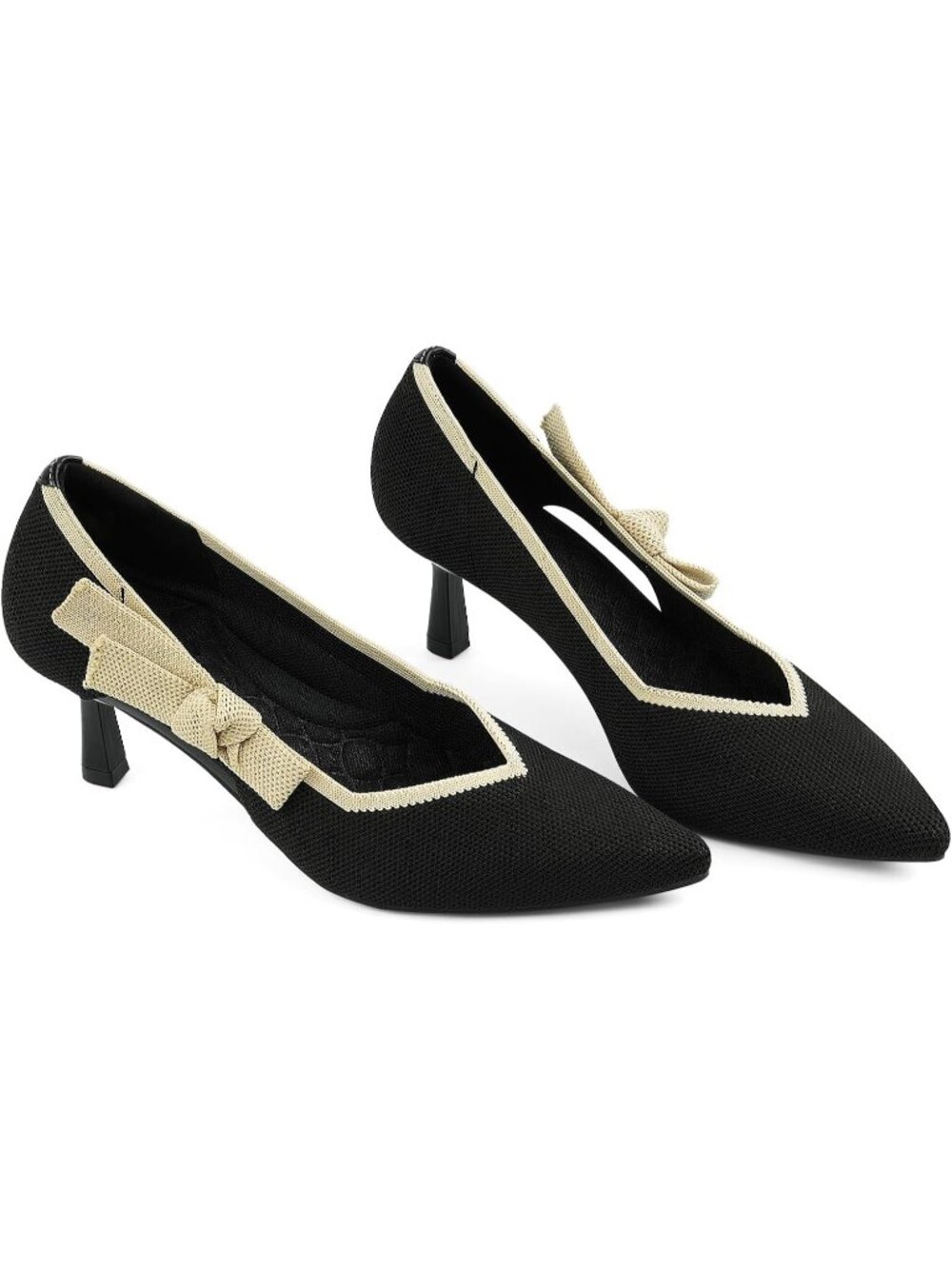Women's Black Comfortable Closed Pointed Toe Stiletto Casual Knit Mid Heel Pumps